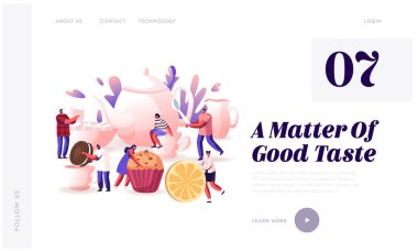 Çay Partisi Web Sitesi Açılış Sayfası. Soğuk Sezon için Sıcak İçecek. Erkekler ve Kadınlar Pasta, Limon ile Çay İçerler. Sıcak Çay ile Büyük Fincan, Festival Kış Saati Web Sayfası Banner. Karikatür Düz Vektör İllüstrasyon