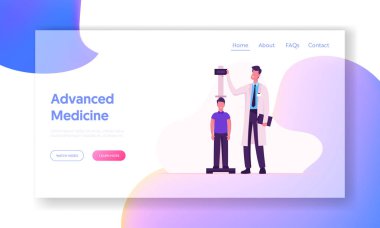 Çocuk Web Sitesi Açılış Sayfası Nın Yüksekliği ölçme Doktor. Çocuk Hasta ile Profesyonel Genel Tıbbi Pediatri. Hastane Web Sayfası Banner'da Hekim Check Up Kid. Karikatür Düz Vektör İllüstrasyon