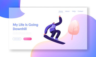 Extreme Snowboard Trick Stunt Web Sitesi Açılış Sayfası. Genç Sporcu Snowboard Üzerinde Karlı Doğa Manzara Arka Plan Outdoors Spor Aktivite Web Sayfası Banner Atlama. Karikatür Düz Vektör İllüstrasyon