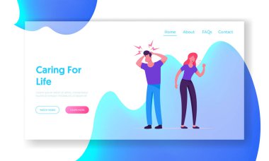 Hasta İnsanlar Tıp Yardım ve Tedavi Web Sitesi Açılış Sayfası İhtiyaç. Baş ağrısı olan adam, kadın öksürüyor. Karakterler Virüs Grip Hastalığı ve Hastalık Web Sayfası Banner var. Karikatür Düz Vektör İllüstrasyon