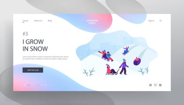 Wintertime Outdoors Activity Tatil Boş Zaman Web Sitesi Açılış Sayfası. Mutlu Çocuklar Kış Tatillerinde Tüp ve Sleds Downhill üzerinde Kızak Eğlenceli Kızak. Web Sayfası Banner. Karikatür Düz Vektör İllüstrasyon
