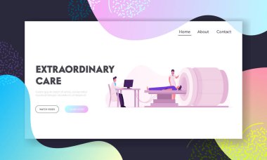 Hastane Web Sitesi Açılış Sayfasında Hasta ve Doktor ile Mri Tarayıcı. Manyetik Rezonans Görüntüleme Dijital Teknoloji, Tıp Tanılama Için Odada Kişi. Karikatür Vektör İllüstrasyon Web Sayfası Afiş