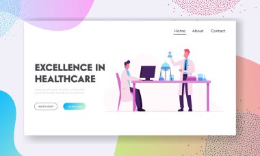Bilim adamları Laboratuvar Web Sitesi Açılış Sayfasında Deneyler ve Bilimsel Araştırmalar Yapar. Kimya Teknisyeni Hold Test Tüpü, Profesör Pc Web Sayfası Banner Karikatür Düz Vektör İllüstrasyon Çalışma