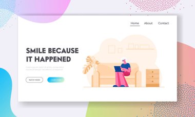 Cihaz Web Sitesi Açılış Sayfası ile Yaşlı Kadın. Mutlu Kıdemli Lady Laptop Film Izlerken veya Sosyal Medya Ağı Web Sayfası Banner İletişim ile Kanepede Oturan. Karikatür Düz Vektör İllüstrasyon