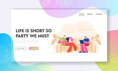 Emekli Kişiler Için Akıllı Teknolojiler Web Sitesi Açılış Sayfası. Dijital Cihazlar ile Kıdemli Çift. Yaşlı Adam Kullanım Tablet Pc, Old Lady Laptop Web Sayfası Banner Film İzle. Karikatür Düz Vektör İllüstrasyon
