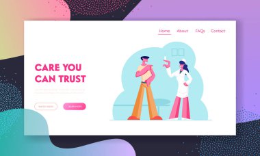 Tıp Sağlık Web Sitesi Açılış Sayfası. Adam Aşılama Için Hastane Ziyaret. Beyaz Bornoz Medic Omuz Web Sayfası Banner Karikatür Düz Vektör İllüstrasyon Enjeksiyon koymak için Şırınga hazırlayın