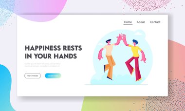 Dostluk ve Dayanışma Web Sitesi Açılış Sayfası. Erkek Arkadaş Çifti Beşliyi Biraraya Götürüyor. İnsan Bağlama İlişkileri, Pals Web Sayfası Banner arasındaki bağlantı. Karikatür Düz Vektör İllüstrasyon