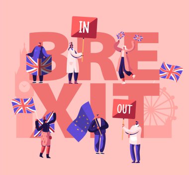 Birleşik Krallık Politika Kavramı. İngiltere ve Avrupa Birliği Bayrakları olan insanlar. Brexit ve Brexit Karşıtı Destekçiler Gösteri Afişi, Afiş, Broşür, Broşür. Karikatür Düz Vektör İllüstrasyon