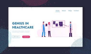 MRTarama Web Sitesi Açılış Sayfası. Hastane Web Sayfası Banner Manyetik Rezonans Görüntüleme sonra Monitör Ekranında Hasta Vücut Taraması Sonuçları Bakıyor Doktorlar. Karikatür Düz Vektör İllüstrasyon