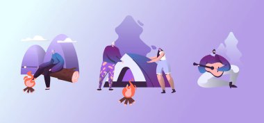 Gençlerin Şirket Deep Forest Yaz Kampı'nda zaman harcamak. Campfire'da Gitar Çalmak için çadır kurun. Erkek ve Kadın Arkadaşlar Tatilde Sırt Çantası ile Yürüyüş. Karikatür Düz Vektör İllüstrasyon