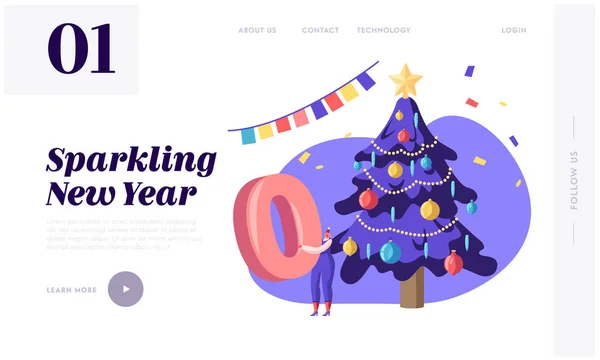 Corporate Party New Year 2020 Celebration Website Landing Page. Tiny Woman in Funny Santa Claus Hat Holding Huge Zero Number in Hands at Christmas Tree Web Page Banner Cartoon Flat Vector Illustration — Stock Vector