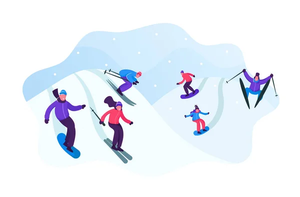 Adultes habillés en vêtements d'hiver Ski et snowboard. Homme Femme Cavaliers Personnages S'amuser et Sports de Montagne d'Hiver Activité. Sport Resort Loisirs Dessin animé Illustration vectorielle plate — Image vectorielle