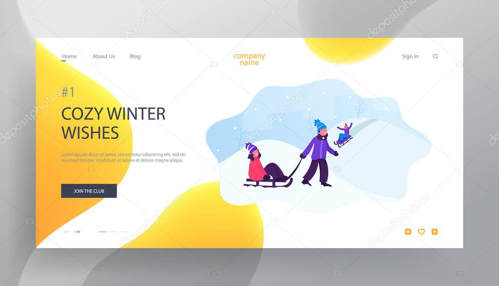 Happy Children Wintertime Activity Website Landing Page. Little Kids Enjoying Sleds Riding in Winter Park with Snow Hills. Outdoors Holidays Fun Web Page Banner. Cartoon Flat Vector Illustration