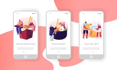 Asian Food Mobil Uygulama Sayfası Dahili Ekran Seti. Kutuda Erişte Yiyen Minik Erkek ve Dişi Karakterler, Sebze ve Dilek Kurabiyesi, Web Sitesi veya Web Sayfası için Yemek Konsepti, Karikatür Düz Vektör İllüstrasyon