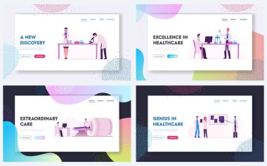 MR Tarama Prosedürü, Kimya Bilimleri Laboratuvarı Web Sitesi Açılış Sayfa Seti. Hastanede Hasta ile Manyetik Rezonans Görüntüleme Makinesi, Bilim Adamları Web Sayfası Banner. Karikatür Düz Vektör İllüstrasyon