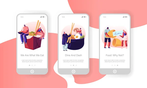 Asian Food Mobile App Page Conjunto de tela a bordo. Personagens masculinos e femininos minúsculos que comem macarrão na caixa, legumes e biscoito do desejo, Conceito da refeição para o Web site ou página da Web, ilustração plana do vetor dos desenhos animados —  Vetores de Stock