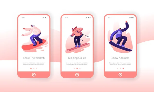 Férias de Inverno Atividade Desportiva Extrema Mobile App Page Onboard Screen Set. Snowboarding e entretenimento de esqui no conceito de resort de montanha para site ou página da web, ilustração de vetores planos de desenhos animados — Vetor de Stock