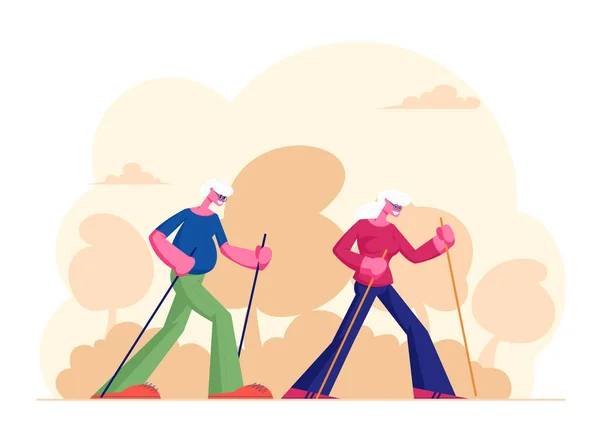Літні люди Північна ходьба Відкрите повітря Тренування з паличками. У віці пара займатися спортом на відкритому повітрі. Щасливий старший чоловік і жінка тренуються пішки. Пенсіонери Здоровий спосіб життя Мультфільм плоский Векторні ілюстрації — стоковий вектор