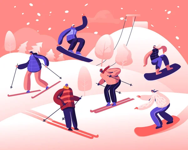 Happy People Equitação Snowboard e esquis por encostas de neve. Temporada de Inverno Férias. Desportistas se divertindo no Ski Resort indo para baixo. Atividade de viagem Entretenimento. Desenhos animados ilustração vetorial plana — Vetor de Stock