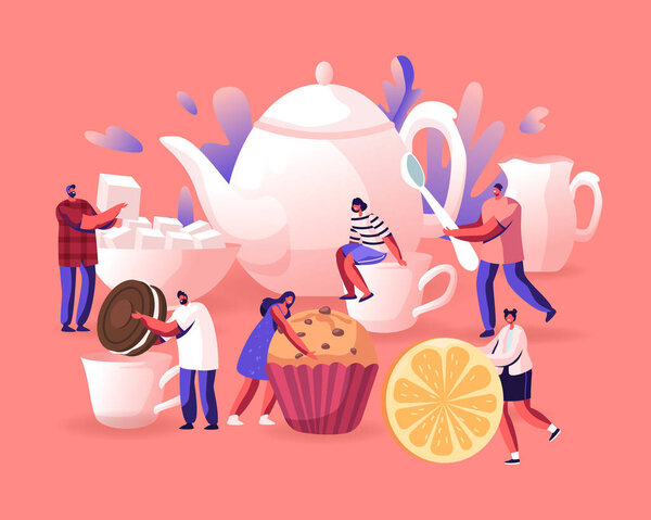 Tea Party, Hot Beverage for Cold Season Concept. Tiny Men and Women Prepare to Drink Tea with Pastry, Rolling Lemon Slice to Huge Cup with Hot Tea, Festive Winter Time Cartoon Flat Vector Illustration