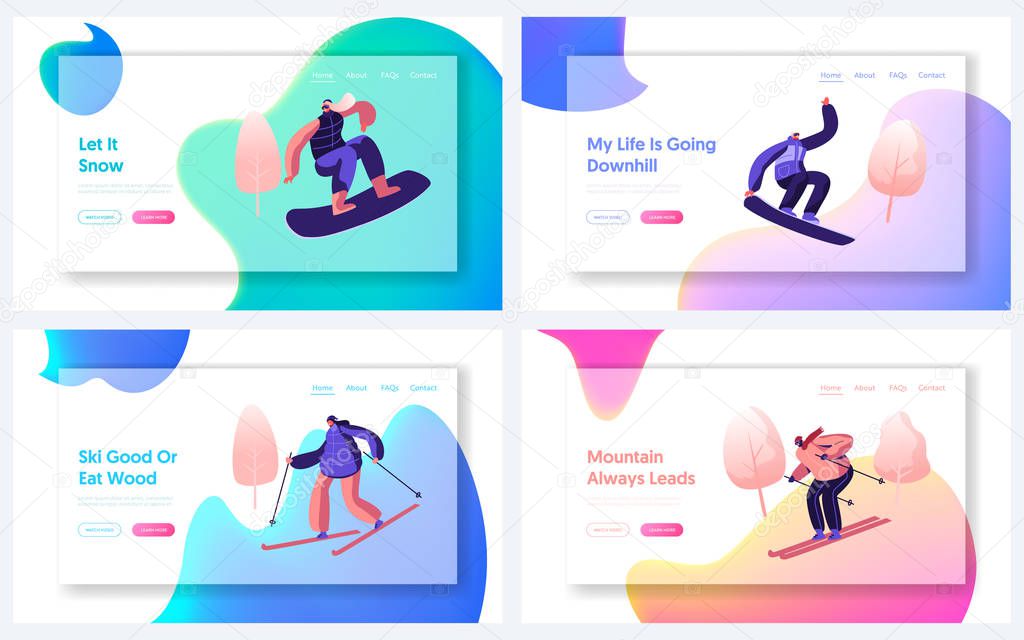 Winter Sports, Active Outdoors Leisure Spare Time Website Landing Page Set. Sportswoman and Sportsman Training or Relaxing Riding at Skis and Snowboard Web Page Banner Cartoon Flat Vector Illustration