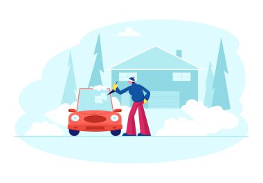 Kış Gecesi Tipi 'nden sonra kar ve buzdan maça eşliğinde Cottage Cleaning Car Window' un yakınına park etmiş bir adam. House Yard Çizgi Filminde Otomobil Şoförü Bakımı Düz Vektör İllüstrasyonu