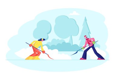 Kar yağdıktan sonra komşular arka bahçeden Snow 'u temizliyor. Mutlu İnsanlar Kar 'dan Ev Adımları Temizliyor. Kırmızı Noel Baba Şapkalı Adam ve Kız, Kar Damlasını Kürekle Kaldırıyor. Çizgi film Düz Vektör İllüstrasyonu