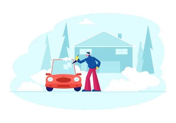 Man Stand at Auto Parked near of Cottage Cleaning Car Window with Spade from Ice and Snow at Winter Time after Night Blizzard. Driver Care of Automobile at House Yard Cartoon Flat Vector Illustration — ストックベクタ