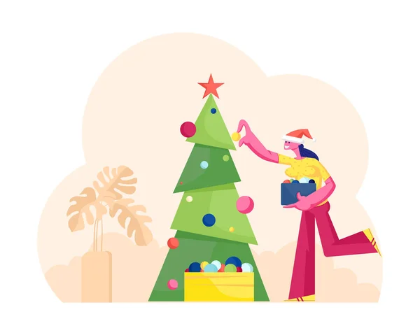 Jolie femme souriante dans la boîte de maintien de chapeau de Père Noël avec des boules décorant boules et guirlandes d'arbre de Noël. Happy Girl se prépare pour la célébration des fêtes à la maison. Illustration vectorielle plate de bande dessinée — Image vectorielle