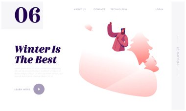 Açık hava eğlence sitesi İniş Sayfası. Kar Topları Oyun Aktivitesi 'nde Kar Duvarı' nın arkasına saklanan genç bir kadın kış zamanı festival sezonu hafta sonu web sayfası afişi. Çizgi film Düz Vektör İllüstrasyonu