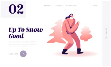 Kar Topu Dövüşü Web sitesi İniş Sayfası. Sıcak elbiseli ve kulaklıklı genç neşeli kadın elleriyle kar topu tutuyor açık havada aktif oyunlar oynuyor web sayfası afişi. Çizgi film Düz Vektör İllüstrasyonu