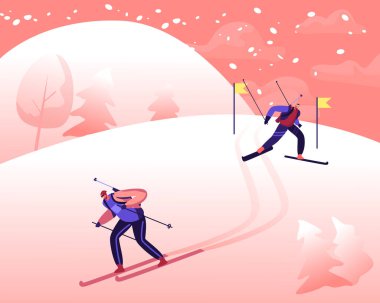 Biatlon Yarışması 'nda insanlar yokuş aşağı kayıyor. Kış sezonunda Sporcu Kayakçılar Ülkesi. Dağda Kar ve Soğuk Hava ile Spor Aktivitesi Yaşam Tarzı. Çizgi film Düz Vektör İllüstrasyonu