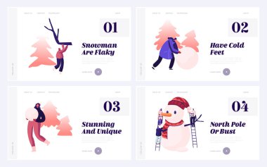 Kış sezonu Web Sitesi İniş Sayfası Set. Kardan Adam Yapan Aktif İnsanlar. Mutlu Karakterler Dışarıda Kar Altında Eğleniyor. Gençler Kış Eğlencesi Web Sayfası Afişi. Çizgi film Düz Vektör İllüstrasyonu