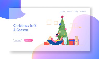 Sunumlar Verme Geleneği Web Sitesi İniş Sayfası. Noel Baba İçinde Heyecanlı Adam Şapka Açılış Kutusu Dekoratif Noel Ağacı Web Sayfası Afişi Altında Oturuyor. Çizgi film Düz Vektör İllüstrasyonu