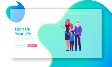 Mutlu Aile Kutlama Sitesi İniş Sayfası. Anne, Büyükbaba ve Küçük Kız Gülümseyen ve Sevinen Kış Tatilleri Web Sayfası Afişi ile Tanışıyor. Çizgi film Düz Vektör İllüstrasyonu