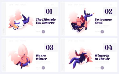 Sokak Sitesi İniş Sayfasında Aktif Kış Oyunları. Kış Sonu Tatil Haftasonu Web Sayfası Afişi Çizgi Film Çizgi Filmi Düz Vektör İllüstrasyonunda Kar Yamacından Kızak ve Kanallara Binen Mutlu İnsanlar