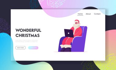 Mutlu Xmas Sitesi İniş Sayfası. Kırmızı kostümlü gülümseyen Noel Baba elinde dizüstü bilgisayarla Kol Sandalyesinde oturmuş Çocuk Mesajları ve Mektupları okuyor Web Sayfası Çizgi Roman Düz Vektör İllüzyonu