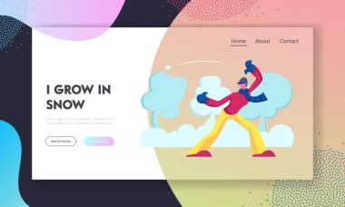 Kış Zamanı Tatil Aktif Haftasonu Yedek Zaman Web Sitesi İniş Sayfası. Kalın elbiseli genç adam sokakta kar topu fırlatan web sayfası afişinde kartopu oynuyor. Çizgi film Düz Vektör İllüstrasyonu