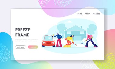 İnsanlar Snowdrift 'leri Sokak Sitesi İniş Sayfasından Küreklerle Kaldırıyor. Neşeli Arkadaş Canlısı Komşular Kar 'ı Otomobil ve Bahçeden Temizliyor Web Sayfası Afiş Çizgi Filmi Düz Vektör Resimleri