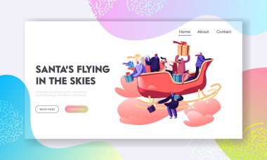 Noel Yardımcıları Kutlama Sitesi İniş Sayfası. Kızakla Uçan Mutlu İnsanlar. Gökten Hediye ve Sunumlar Alıyor. Xmas Kutlama Web Sayfası Afişi. Çizgi film Düz Vektör İllüstrasyonu