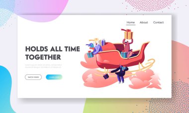 Kış Tatili Web Sitesi İniş Sayfası. Noel selamları. Ren geyiğine binen Noel Yardımcıları Gök Fırlatan Hediye Kutuları 'ndan Yerdeki Web Sayfasına Uçuyor. Çizgi film Düz Vektör İllüstrasyonu