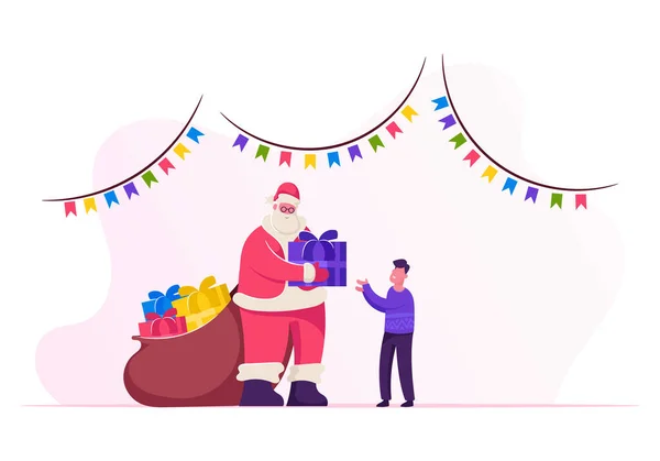 Friendly Santa Claus in Red Costume with Big Sack of Presents Visiting Little Boy at Christmas Night for Giving Gift. Schoolboy Get Present at Xmas Party Celebration Cartoon Flat Vector Illustration — ストックベクタ