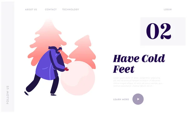 Cute Girl Making Snowman Website Landing Page. Woman Rolling Snow Ball on Winter Landscape Background with Fir Trees and Snowdrifts. Vacation Sparetime Web Page Banner Cartoon Flat Vector Illustration — 스톡 벡터