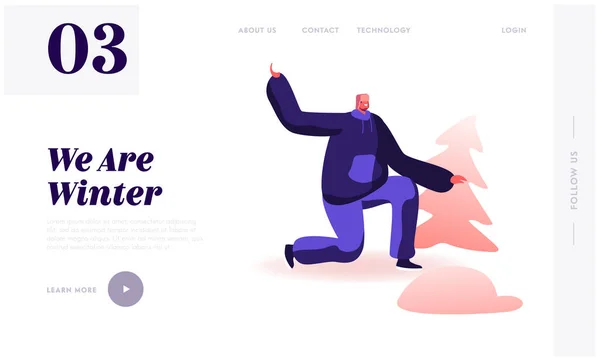 Winter Season Games and Activities Website Landing Page. Happy Man in Warm Earflaps Hat Stand on Knee Aiming with Snow Ball to Someone. Dovolená Relax Web Page Banner Cartoon Flat Vector Illustration — Stockový vektor