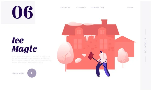 Winter Season Climate Website Landing Page. Man in Warm Clothes Working with Shovel Cleaning House Backyard Territory from Snow at Wintertime in Suburb Web Page Banner Cartoon Flat Vector Illustration — ストックベクタ