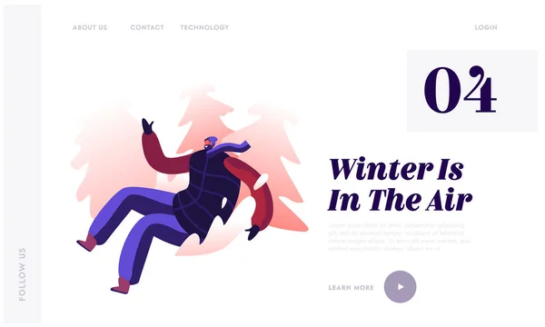 Man Sliding Off Snow Hill al Park Website Landing Page. Giovane allegro personaggio maschile in slitta sulle natiche in discesa. Outdoor Winter Activity Web Page Banner. Illustrazione del vettore piatto del fumetto — Vettoriale Stock