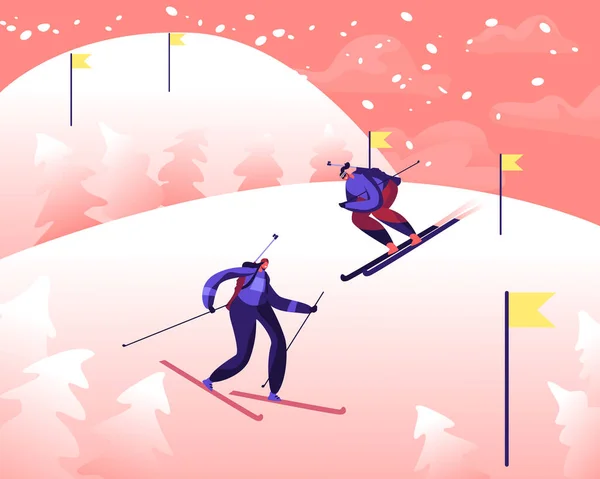 Sportlerinnen mit Gewehren auf dem Rücken treten bei Olympischen Spielen oder Weltmeisterschaften an. Teilnehmer, die auf der Biathlonrennstrecke mit Fahnen abfahren. Wintersport Cartoon flache Vektor Illustration — Stockvektor