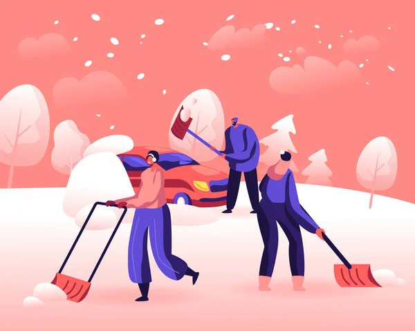 Déneigement et déglaçage après Blizzard Concept. Des gens joyeux enlèvent les motoneiges avec des pelles de la zone de nettoyage du sol et de la voiture de la neige. Activité hivernale Dessin animé Illustration vectorielle plate — Image vectorielle