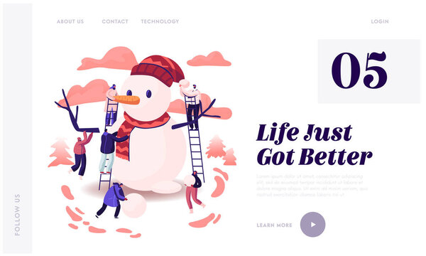 Christmas Holiday Season Website Landing Page. Tiny Male and Female Characters Playing on Winter Day Making Funny Snowman Standing on Ladders at Street Web Page Banner Cartoon Flat Vector Illustration