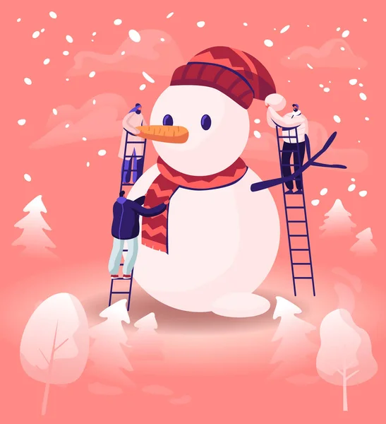 People Building Énorme bonhomme de neige en écharpe et bonnet tricoté debout sur les échelles. Activité en plein air à la journée d'hiver enneigée. Plaisir en famille en plein air pendant le week-end de vacances de Noël Illustration vectorielle plate — Image vectorielle